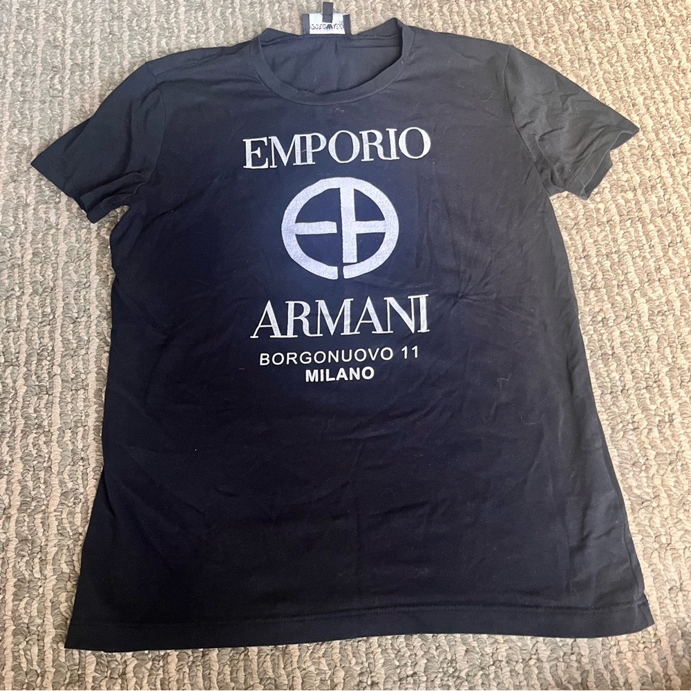 Emporio Armani Black Tee with White Logo. Size 44 Italian